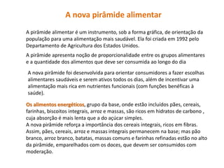 A nova pirâmide alimentar 
A pirâmide alimentar é um instrumento, sob a forma gráfica, de orientação da 
população para uma alimentação mais saudável. Ela foi criada em 1992 pelo 
Departamento de Agricultura dos Estados Unidos. 
A pirâmide apresenta noção de proporcionalidade entre os grupos alimentares 
e a quantidade dos alimentos que deve ser consumida ao longo do dia 
A nova pirâmide foi desenvolvida para orientar consumidores a fazer escolhas 
alimentares saudáveis e serem ativos todos os dias, além de incentivar uma 
alimentação mais rica em nutrientes funcionais (com funções benéficas à 
saúde). 
Os alimentos energéticos, grupo da base, onde estão incluídos pães, cereais, 
farinhas, biscoitos integrais, arroz e massas, são ricos em hidratos de carbono , 
cuja absorção é mais lenta que a do açúcar simples. 
A nova pirâmide reforça a importância dos cereais integrais, ricos em fibras. 
Assim, pães, cereais, arroz e massas integrais permanecem na base; mas pão 
branco, arroz branco, batatas, massas comuns e farinhas refinadas estão no alto 
da pirâmide, emparelhados com os doces, que devem ser consumidos com 
moderação. 
 