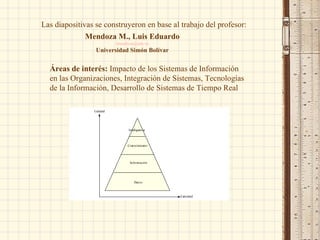 Las diapositivas se construyeron en base al trabajo del profesor:
              Mendoza M., Luis Eduardo
                       lmendoza@ush.ve
                 Universidad Simón Bolívar


  Áreas de interés: Impacto de los Sistemas de Información
  en las Organizaciones, Integración de Sistemas, Tecnologías
  de la Información, Desarrollo de Sistemas de Tiempo Real
 