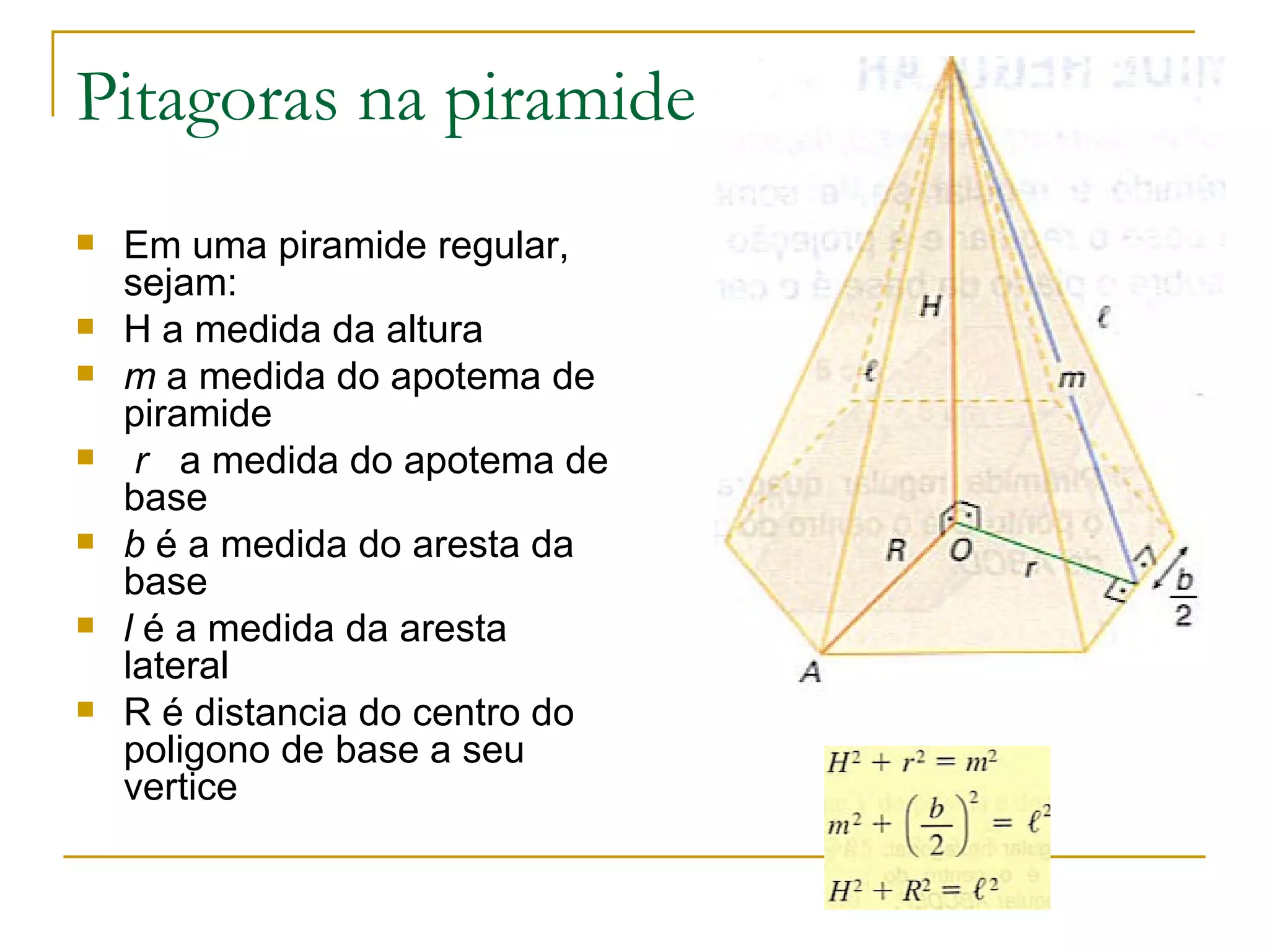 Pitagoras na piramide Em uma piramide regular, sejam: H a medida da altura m  a medida do apotema de piramide r  a medida do apotema de base b  é a medida do aresta da base  l  é a medida da aresta lateral R é distancia do centro do poligono de base a seu vertice 