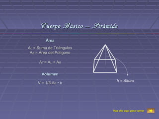 C uerpo B ásico – P irámide
         Área
AL = Suma de Triángulos
 AB = Área del Polígono

     AT = A L + A B


       Volumen
                                 h = Altura
     V = 1/3 AB · h




                               Haz clic aquí para volver
 