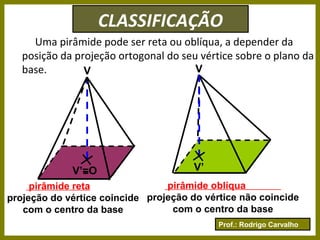 Prof.: Rodrigo Carvalho
CLASSIFICAÇÃO
Uma pirâmide pode ser reta ou oblíqua, a depender da
posição da projeção ortogonal do seu vértice sobre o plano da
base.
V’
VV
V’=O
pirâmide reta
projeção do vértice coincide
com o centro da base
pirâmide oblíqua
projeção do vértice não coincide
com o centro da base
 