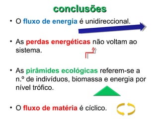 conclusões
• O fluxo de energia é unidireccional.

• As perdas energéticas não voltam ao
  sistema.

• As pirâmides ecológicas referem-se a
  n.º de indivíduos, biomassa e energia por
  nível trófico.

• O fluxo de matéria é cíclico.
 