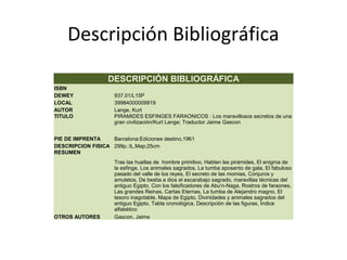 Descripción Bibliográfica
                   DESCRIPCIÓN BIBLIOGRÁFICA
ISBN                  
DEWEY                937.01/L15P
LOCAL                39984000009919
AUTOR                Lange, Kurt
TITULO               PIRAMIDES ESFINGES FARAONICOS : Los maravillosos secretos de una 
                     gran civilización/Kurt Lange; Traductor Jaime Gascon


PIE DE IMPRENTA    Barcelona:Ediciones destino,1961
DESCRIPCION FISICA 299p.:IL,Map;25cm
RESUMEN
                     Tras las huellas de  hombre primitivo, Hablan las pirámides, El enigma de 
                     la esfinge, Los animales sagrados, La tumba aposento de gala, El fabuloso 
                     pasado del valle de los reyes, El secreto de las momias, Conjuros y 
                     amuletos, De bestia a dios el escarabajo sagrado, maravillas técnicas del 
                     antiguo Egipto, Con los falsificadores de Abu'n-Naga, Rostros de faraones, 
                     Las grandes Reinas, Cartas Eternas, La tumba de Alejandro magno, El 
                     tesoro inagotable, Mapa de Egipto, Divinidades y animales sagrados del 
                     antiguo Egipto, Tabla cronológica, Descripción de las figuras, Índice 
                     alfabético
OTROS AUTORES        Gascon, Jaime
 