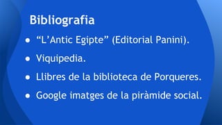 ● “L’Antic Egipte” (Editorial Panini).
● Viquipedia.
● Llibres de la biblioteca de Porqueres.
● Google imatges de la piràmide social.
Bibliografia
 