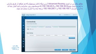 ‫باشید‬ ‫موفق‬
‫پیرنظریان‬ ‫عباس‬
‫ماه‬ ‫تیر‬1395
‫قسمت‬ ‫در‬ ‫زیر‬ ‫شکل‬ ‫مطابق‬Advanced Routing‫وایرلس‬ ‫طریق‬ ‫از‬ ‫خواهند‬ ‫می‬ ‫که‬ ‫سیستمهایی‬ ‫داخلی‬ ‫شبکه‬ ‫آدرس‬
‫شوند‬ ‫وصل‬ ‫اینترنت‬ ‫به‬(192.168.30.0‫و‬192.168.40.0)‫اند‬ ‫شده‬ ‫اعتبار‬ ‫تائید‬ ‫و‬ ‫شناسایی‬ ‫روتر‬ ‫مودم‬ ‫توسط‬ ‫که‬
‫اینترنتی‬ ‫آدرس‬ ‫به‬192.168.100.1‫و‬192.168.200.1‫شوند‬ ‫می‬ ‫وصل‬ ‫اینترنت‬ ‫به‬ ‫و‬ ‫شده‬ ‫ترجمه‬.
 