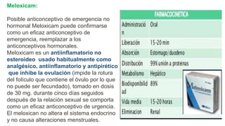 Meloxicam:
Posible anticonceptivo de emergencia no
hormonal Meloxicam puede confirmarse
como un eficaz anticonceptivo de
emergencia, reemplazar a los
anticonceptivos hormonales.
Meloxicam es un antiinflamatorio no
esteroideo usado habitualmente como
analgésico, antiinflamatorio y antipirético
que inhibe la ovulación (impide la rotura
del folículo que contiene el óvulo por lo que
no puede ser fecundado), tomado en dosis
de 30 mg. durante cinco días seguidos
después de la relación sexual se comporta
como un eficaz anticonceptivo de urgencia.
El meloxican no altera el sistema endocrino
y no causa alteraciones menstruales.
 