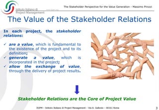 The Value of the Stakeholder Relations
The Stakeholder Perspective for the Value Generation - Massimo Pirozzi
3
In each project, the stakeholder
relations:
 are a value, which is fundamental to
the existence of the project and to its
definition;
 generate a value, which is
incorporated in the project;
 allow the exchange of value,
through the delivery of project results.
Stakeholder Relations are the Core of Project Value
 