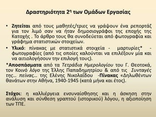 Δραστηριότητα 2η των Ομάδων Εργασίας
• Ζητείται από τους μαθητές/τριες να γράψουν ένα ρεπορτάζ
για τον λιμό σαν να ήταν δημοσιογράφοι της εποχής της
Κατοχής . Το άρθρο τους θα συνοδεύεται από φωτογραφία και
γράφημα στατιστικών στοιχείων.
• Υλικό: πίνακας με στατιστικά στοιχεία - μαρτυρίες* -
φωτογραφίες (από τις οποίες καλούνται να επιλέξουν μία και
να αιτιολογήσουν την επιλογή τους).
*Αποσπάσματα από τα Τετράδια Ημερολογίου του Γ. Θεοτοκά,
τον Κοινό λόγο της Έλλης Παπαδημητρίου & από τις Συνταγές
της… πείνας… της Ελένης Νικολαΐδου -Πίνακας «Δηλωθέντων
θανάτων στην Αθήνα, 1940-1945 (κατά μήνα και έτος).
Στόχοι: η καλλιέργεια ενσυναίσθησης και η άσκηση στην
ανάλυση και σύνθεση γραπτού (ιστορικού) λόγου, η αξιοποίηση
των ΤΠΕ.
 