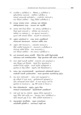 uyfuõkdfõ md<s - isxy, msrejdkd fmd;a jykafia 121
27' mxpisl o meñKsfha h - ;sïnrE o meñKsfha h
iqßhjÉpid fojÕk - /iaùug meñKshd h
fufia fkdfhla foõrcqka o - .dkaO¾j rcjreka o
iÕ msßfia /iaùug - i;=gq is;ska meñKsfhda h
28' w:d.=x kdNid kd.d - fõid,d iy ;ÉPld
lïn,iai;rd wd.=x - mdhd.d iy [d;sNS
28' kdNi kï úf,a isák - kd rcjre meñKsfhda h
úi,a mqf¾ kd.hka o - ;ÉPl hk kd.hka o
lïn, yd wiai;r o - kd l=,fha kd.hka o
m%hd. kï f;dfÜ isák - kEhka yd kd.fhda o
29' huqkd O;rÜfGda p - wd.=x kd.d hiiaisfkda
tardjfKda uydkdf.da - fidamd. iñ;sx jkx
29' huqkd kï kd.fhda o - O;rdIaG kd.fhda o
ls;a hiiska nene¿k tA - kd.fhda o meñKsfhda h
tArdjK kñka isák - uyd kd.rdchd o
iÕ msßfia /iaùug - uy jkhg meñKsfhda h
30' fha kd.rdfÊ iyid yrka;s - Èínd Ècd mlaÅ úiqoaOplaLQ
fõydihd f;a jkuÊ®m;a;d - Ñ;%d iqmKaKd b;s f;aix kdudks
30' kd. rcqka ieyeis f,iska - wrf.k hk .=re,af,da h
b;d ;shqKq oEia ;sfnk - Tjqka ÈjH l=re,af,da h
wyiska mshUd wjqÈka - jfka ueÈka meñKqfkda h
iqm¾K yd Ñ;% kñka - Tjqkag kï ;sfnkafkda h
31' wNhx ;od kd.rdcdkudis - iqmKaKf;da fÄuuldis nqoafOda
iKaydys jdpdys Wmõyhkakd - kd.d iqmKaKd irKu.xiq nqoaOx
31' tod kd. rcjrekag - wNh odk ie,iqfkda h
nqÿ iñ÷ka tA ieu fok - iqm¾Kf.ka iq/l=fjda h
b;d fudf<dla jpk j,ska - tA yeu le|jd .;a úg
iqm¾K yd kd.fhda o - nqÿ ysñ irK u .sfhda h
32' ð;d jðry;af:ak - iuqoaox wiqrd is;d
Nd;frda jdijiafiaf;a - boaêukaf;da hiiaisfkda
32' ila foõ rcq ch .;af;a - uqyqfo isák wiqrhka j
wiqr msßi ila foú÷ f. - fidhqre njg meñKsfhda h
b¾ê nf,ka hq;= tA wh - ls;a hiiska nen¿fkda h
33' ld,l[acd uydNsiaud - wiqrd odkfõ>id
fõmÑ;a;s iqÑ;a;S p - mydrdfoda kuqÖ iy
 