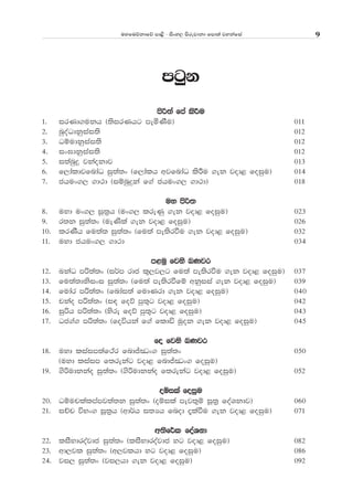 uyfuõkdfõ md<s - isxy, msrejdkd fmd;a jykafia 9
mgqk
msß;a fma lsÍu
1' irKd.ukh ^;sirKhg meñKSu& 011
2' nqoaOdkqiai;s 012
3' Oïudkqiai;s 012
4' ix>dkqiai;s 012
5' i;anqÿ jkaokdj 013
6' f,daldjfndaO iq;a;x ^f,dalh wjfndaO lsÍu .ek jod< foiqu& 014
7' chux., .d:d ^iïnqÿka f.a chux., .d:d& 018
uy msß;
8' uyd ux., iQ;%h ^ux., lreKq .ek jod< foiqu& 023
9' r;k iq;a;x ^ueKsla .ek jod< foiqu& 026
10' lrKSh fu;a; iq;a;x ^fu;a me;srùu .ek jod< foiqu& 032
11' uyd chux., .d:d 034
m<uq fjks nKjr
12' LkaO mß;a;x ^i¾m rdc l=,j,g fu;a me;srùu .ek jod< foiqu& 037
13' fu;a;dksixi iq;a;x ^fu;a me;srùfï wkqiia .ek jod< foiqu& 039
14' fudar mß;a;x ^fndai;a fudKrd .ek jod< foiqu& 040
15' pkao mß;a;x ^i| foõ mq;=g jod< foiqu& 042
16' iqßh mß;a;x ^ysre foõ mq;=g jod< foiqu& 043
17' Oc.a. mß;a;x ^foúhka f.a fldä uqok .ek jod< foiqu& 045
fo fjks nKjr
18' uyd liaim;af:ar fndÊ®x. iq;a;x 050
^uyd liaim f;rekag jod< fndÊ®x. foiqu&
19' .sßudkkao iq;a;x ^.sßudkkao f;rekag jod< foiqu& 052
oïila foiqu
20' Oïuplalmamj;a;k iq;a;x ^oïila mej;=ï iQ;% foaYkdj& 060
21' iÉp úNx. iQ;%h ^wd¾h i;Hh fnod ±laùu .ek jod< foiqu& 071
w;sf¾l foaYkd
22' liSNdroajdc iq;a;x ^liSNdroajdc yg jod< foiqu& 082
23' wd,jl iq;a;x ^w,jlhd yg jod< foiqu& 086
24' ji, iq;a;x ^ji,hd .ek jod< foiqu& 092
 