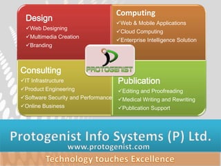 Computing
  Design                             Web & Mobile Applications
  Web Designing
                                     Cloud Computing
  Multimedia Creation
                                     Enterprise Intelligence Solution
  Branding



Consulting
IT Infrastructure                   Publication
Product Engineering                 Editing and Proofreading
Software Security and Performance   Medical Writing and Rewriting
Online Business                     Publication Support
 