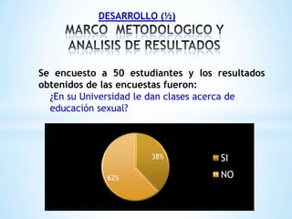 ¿En su Universidad le dan clases acerca de
educación sexual?
DESARROLLO (½)
38%
62%
SI
NO
Se encuesto a 50 estudiantes y los resultados
obtenidos de las encuestas fueron:
 