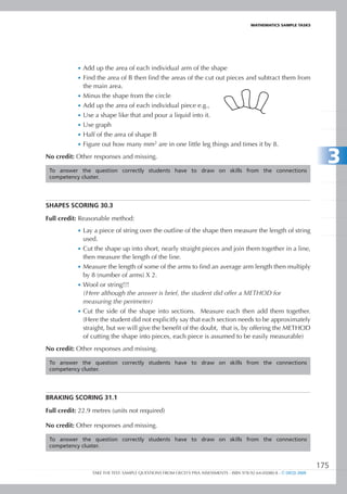 maTHEmaTIcS SamPlE TaSkS




            •	 Add up the area of each individual arm of the shape
            •	 Find the area of B then find the areas of the cut out pieces and subtract them from
              the main area.
            •	 Minus the shape from the circle
            •	 Add up the area of each individual piece e.g.,
            •	 Use a shape like that and pour a liquid into it.
            •	 Use graph
            •	 Half of the area of shape B
            •	 Figure out how many mm2 are in one little leg things and times it by 8.

No credit: Other responses and missing.

 To answer the question correctly students have to draw on skills from the connections
                                                                                                                         3
 competency cluster.




SHAPES SCORIng 30.3

Full credit: Reasonable method:
            •	 Lay a piece of string over the outline of the shape then measure the length of string
               used.
            •	 Cut the shape up into short, nearly straight pieces and join them together in a line,
               then measure the length of the line.
            •	 Measure the length of some of the arms to find an average arm length then multiply
               by 8 (number of arms) X 2.
            •	 Wool or string!!!
               (Here although the answer is brief, the student did offer a METHOD for
               measuring the perimeter)
            •	 Cut the side of the shape into sections. Measure each then add them together.
               (Here the student did not explicitly say that each section needs to be approximately
               straight, but we will give the benefit of the doubt, that is, by offering the METHOD
               of cutting the shape into pieces, each piece is assumed to be easily measurable)
No credit: Other responses and missing.

 To answer the question correctly students have to draw on skills from the connections
 competency cluster.




BrAkinG	sCorinG	31.1	

Full credit: 22.9 metres (units not required)

No credit: Other responses and missing.

 To answer the question correctly students have to draw on skills from the connections
 competency cluster.


                                                                                                                       175
                 TAKE THE TEST: SAMPLE QUESTIONS FROM OECD’S PISA ASSESSMENTS - ISBN 978-92-64-05080-8 - © OECD 2009
 