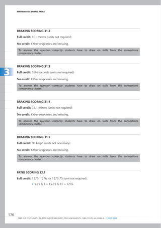 maTHEmaTIcS SamPlE TaSkS




      BrAkinG	sCorinG	31.2

      Full credit: 101 metres (units not required)

      No credit: Other responses and missing.

       To answer the question correctly students have to draw on skills from the connections
       competency cluster.




      BrAkinG	sCorinG	31.3	

3     Full credit: 5.84 seconds (units not required)

      No credit: Other responses and missing.

       To answer the question correctly students have to draw on skills from the connections
       competency cluster.




      BrAkinG	sCorinG	31.4

      Full credit: 78.1 metres (units not required)

      No credit: Other responses and missing.

       To answer the question correctly students have to draw on skills from the connections
       competency cluster.




      BrAkinG	sCorinG	31.5

      Full credit: 90 kmph (units not necessary)

      No credit: Other responses and missing.

       To answer the question correctly students have to draw on skills from the connections
       competency cluster.




      PAtIO SCORIng 32.1

      Full credit: 1275, 1276 or 1275.75 (unit not required).
                   •	 5.25 X 3 = 15.75 X 81 = 1276




176
      TAKE THE TEST: SAMPLE QUESTIONS FROM OECD’S PISA ASSESSMENTS - ISBN 978-92-64-05080-8 - © OECD 2009
 