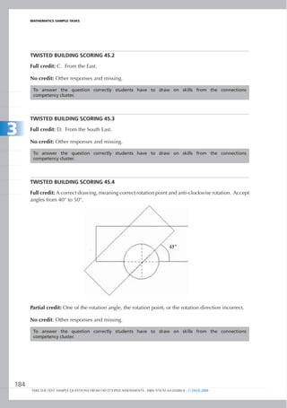 maTHEmaTIcS SamPlE TaSkS




      TwisTeD	BuiLDinG	sCorinG	45.2

      Full credit: C. From the East.

      No credit: Other responses and missing.

       To answer the question correctly students have to draw on skills from the connections
       competency cluster.




      TwisTeD	BuiLDinG	sCorinG	45.3

3     Full credit: D. From the South East.

      No credit: Other responses and missing.

       To answer the question correctly students have to draw on skills from the connections
       competency cluster.




      TwisTeD	BuiLDinG	sCorinG	45.4

      Full credit: A correct drawing, meaning correct rotation point and anti-clockwise rotation. Accept
      angles from 40° to 50°.




      Partial credit: One of the rotation angle, the rotation point, or the rotation direction incorrect.

      No credit: Other responses and missing.

       To answer the question correctly students have to draw on skills from the connections
       competency cluster.




184
      TAKE THE TEST: SAMPLE QUESTIONS FROM OECD’S PISA ASSESSMENTS - ISBN 978-92-64-05080-8 - © OECD 2009
 