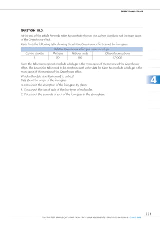ScIEncE SamPlE TaSkS




Question 18.3
At the end of the article Ferwerda refers to scientists who say that carbon dioxide is not the main cause
of the Greenhouse effect.
Karin finds the following table showing the relative Greenhouse effect caused by four gases:
                             Relative Greenhouse effect per molecule of gas
    Carbon dioxide          Methane        Nitrous oxide                Chlorofluorocarbons
          1                   30                160                           17 000

From this table Karin cannot conclude which gas is the main cause of the increase of the Greenhouse
effect. The data in the table need to be combined with other data for Karin to conclude which gas is the
main cause of the increase of the Greenhouse effect.


                                                                                                                          4
Which other data does Karin need to collect?
Data about the origin of the four gases.
A. Data about the absorption of the four gases by plants.
B. Data about the size of each of the four types of molecules.
C. Data about the amounts of each of the four gases in the atmosphere.




                                                                                                                        221
                  TAKE THE TEST: SAMPLE QUESTIONS FROM OECD’S PISA ASSESSMENTS - ISBN 978-92-64-05080-8 - © OECD 2009
 