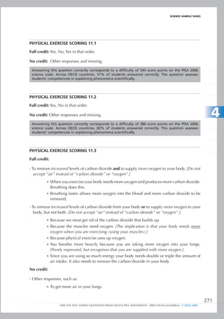 ScIEncE SamPlE TaSkS




PHYSICAL EXERCISE SCORIng 11.1

Full credit: Yes, No, Yes in that order.

No credit: Other responses and missing.

 Answering this question correctly corresponds to a difficulty of 545 score points on the PISA 2006
 science scale. Across OECD countries, 57% of students answered correctly. The question assesses
 students’ competencies in explaining phenomena scientifically.




PHYSICAL EXERCISE SCORIng 11.2

Full credit: Yes, No in that order.

No credit: Other responses and missing.                                                                                     4
 Answering this question correctly corresponds to a difficulty of 386 score points on the PISA 2006
 science scale. Across OECD countries, 82% of students answered correctly. This question assesses
 students’ competencies in explaining phenomena scientifically.




PHYSICAL EXERCISE SCORIng 11.3

Full credit:

- To remove increased levels of carbon dioxide and to supply more oxygen to your body. [Do not
   accept “air” instead of “carbon dioxide” or “oxygen”.]
          •	 When you exercise your body needs more oxygen and produces more carbon dioxide.
               Breathing does this.
          •	 Breathing faster allows more oxygen into the blood and more carbon dioxide to be
               removed.
- To remove increased levels of carbon dioxide from your body or to supply more oxygen to your
   body, but not both. [Do not accept “air” instead of “carbon dioxide” or “oxygen”.]
          •	 Because we must get rid of the carbon dioxide that builds up.
          •	 Because the muscles need oxygen. [The implication is that your body needs more
             oxygen when you are exercising (using your muscles).]
          •	 Because physical exercise uses up oxygen.
          •	 You breathe more heavily because you are taking more oxygen into your lungs.
             [Poorly expressed, but recognises that you are supplied with more oxygen.]
          •	 Since you are using so much energy your body needs double or triple the amount of
             air intake. It also needs to remove the carbon dioxide in your body.
No credit:

- Other responses, such as:
          •	 To get more air in your lungs.


                                                                                                                          271
                    TAKE THE TEST: SAMPLE QUESTIONS FROM OECD’S PISA ASSESSMENTS - ISBN 978-92-64-05080-8 - © OECD 2009
 