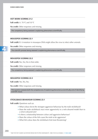 ScIEncE SamPlE TaSkS




      HOt WORk SCORIng 21.2

      Full credit: A. 70 ºC and 10 ºC

      No credit: Other responses and missing.

       The competency being assessed is explaining phenomena scientifically.




      MOuSEPOX SCORIng 22.1

      Full credit: B. A mutation in mousepox DNA might allow the virus to infect other animals.



4
      No credit: Other responses and missing.

       The scientific process being assessed is explaining phenomena scientifically.




      MOuSEPOX SCORIng 22.2

      Full credit: Yes, No, Yes in that order.

      No credit: Other responses and missing.

       The competency being assessed is explaining phenomena scientifically.




      MOuSEPOX SCORIng 22.3

      Full credit: Yes, Yes, Yes.

      No credit: Other responses and missing.

       This question assesses both the competencies of explaining phenomena scientifically and of identifying
       scientific issues.




      sTiCkLeBACk	BeHAViour	sCorinG	23.1

      Full credit: Questions such as:
                 •	 What colour elicits the strongest aggressive behaviour by the male stickleback?
                 •	 Does the male stickleback react more aggressively to a red-coloured model than to
                    a silver-coloured one?
                 •	 Is there a relationship between colour and aggressive behaviour?
                 •	 Does the colour of the fish cause the male to be aggressive?
                 •	 What fish colour does the stickleback find most threatening?




280
      TAKE THE TEST: SAMPLE QUESTIONS FROM OECD’S PISA ASSESSMENTS - ISBN 978-92-64-05080-8 - © OECD 2009
 