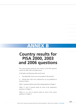annEX b
   Country results for
    PISA 2000, 2003
   and 2006 questions
    This annex presents results for each country on the PISA questions
    used in the 2000, 2003 and 2006 surveys.

    In the tables, the following codes may be used:

    a     Not applicable. Scores were not awarded on this question.

    m Missing data. Data were collected but are not published for
    technical reasons.

    Table 2.1 presents results for some of the reading questions in Chapter 2.

    Tables 3.1 and 3.2 present results for some of the mathematics
    questions in Chapter 3.

    Tables 4.1, 4.2 and 4.3 present results for some of the science
    questions in Chapter 4.




                                                                                                      295
TAKE THE TEST: SAMPLE QUESTIONS FROM OECD’S PISA ASSESSMENTS - ISBN 978-92-64-05080-8 - © OECD 2009
 