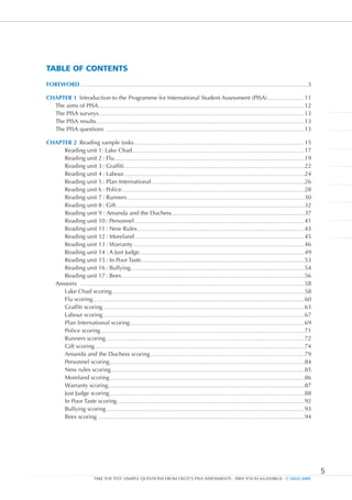 TablE OF cOnTEnTS




TablE OF cOnTEnTS
FOREWORD ................................................................................................................................................................................................................3

CHAPTER 1 Introduction to the Programme for International Student Assessment (PISA) ..................................11
  The aims of PISA .............................................................................................................................................................................................12
  The PISA surveys .............................................................................................................................................................................................13
  The PISA results ...............................................................................................................................................................................................13
  The PISA questions ......................................................................................................................................................................................13

CHAPTER 2 Reading sample tasks.............................................................................................................................................................15
     Reading unit 1: Lake Chad ..............................................................................................................................................................17
     Reading unit 2 : Flu...............................................................................................................................................................................19
     Reading unit 3 : Graffiti......................................................................................................................................................................22
     Reading unit 4 : Labour......................................................................................................................................................................24
     Reading unit 5 : Plan International.............................................................................................................................................26
     Reading unit 6 : Police........................................................................................................................................................................28
     Reading unit 7 : Runners ...................................................................................................................................................................30
     Reading unit 8 : Gift .............................................................................................................................................................................32
     Reading unit 9 : Amanda and the Duchess...............................................................................................................................................37
     Reading unit 10 : Personnel ............................................................................................................................................................41
     Reading unit 11 : New Rules..........................................................................................................................................................43
     Reading unit 12 : Moreland ............................................................................................................................................................45
     Reading unit 13 : Warranty .............................................................................................................................................................46
     Reading unit 14 : A Just Judge........................................................................................................................................................49
     Reading unit 15 : In Poor Taste......................................................................................................................................................53
     Reading unit 16 : Bullying................................................................................................................................................................54
     Reading unit 17 : Bees ........................................................................................................................................................................56
  Answers .............................................................................................................................................................................................................58
     Lake Chad scoring.................................................................................................................................................................................58
     Flu scoring ..................................................................................................................................................................................................60
     Graffiti scoring .........................................................................................................................................................................................63
     Labour scoring .........................................................................................................................................................................................67
     Plan International scoring ................................................................................................................................................................69
     Police scoring ...........................................................................................................................................................................................71
     Runners scoring ......................................................................................................................................................................................72
     Gift scoring.................................................................................................................................................................................................74
     Amanda and the Duchess scoring..............................................................................................................................................79
     Personnel scoring ...................................................................................................................................................................................84
     New rules scoring..................................................................................................................................................................................85
     Moreland scoring ...................................................................................................................................................................................86
     Warranty scoring ....................................................................................................................................................................................87
     Just Judge scoring ...................................................................................................................................................................................88
     In Poor Taste scoring ............................................................................................................................................................................92
     Bullying scoring ......................................................................................................................................................................................93
     Bees scoring ..............................................................................................................................................................................................94




                                                                                                                                                                                                                             5
                                      TAKE THE TEST: SAMPLE QUESTIONS FROM OECD’S PISA ASSESSMENTS - ISBN 978-92-64-05080-8 - © OECD 2009
 