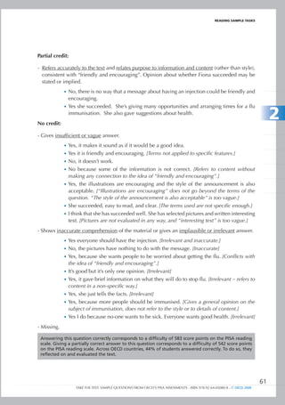 REaDIng SamPlE TaSkS




Partial credit:

- Refers accurately to the text and relates purpose to information and content (rather than style),
  consistent with “friendly and encouraging”. Opinion about whether Fiona succeeded may be
  stated or implied.
             •	 No, there is no way that a message about having an injection could be friendly and
                encouraging.


                                                                                                                             2
             •	 Yes she succeeded. She’s giving many opportunities and arranging times for a flu
                immunisation. She also gave suggestions about health.
No credit:

- Gives insufficient or vague answer.
             •	 Yes, it makes it sound as if it would be a good idea.
             •	 Yes it is friendly and encouraging. [Terms not applied to specific features.]
             •	 No, it doesn’t work.
             •	 No because some of the information is not correct. [Refers to content without
                making any connection to the idea of “friendly and encouraging”.]
             •	 Yes, the illustrations are encouraging and the style of the announcement is also
                acceptable. [“Illustrations are encouraging” does not go beyond the terms of the
                question. “The style of the announcement is also acceptable” is too vague.]
             •	 She succeeded, easy to read, and clear. [The terms used are not specific enough.]
             •	 I think that she has succeeded well. She has selected pictures and written interesting
                text. [Pictures are not evaluated in any way, and “interesting text” is too vague.]
- Shows inaccurate comprehension of the material or gives an implausible or irrelevant answer.
             •	 Yes everyone should have the injection. [Irrelevant and inaccurate.]
             •	 No, the pictures have nothing to do with the message. [Inaccurate]
             •	 Yes, because she wants people to be worried about getting the flu. [Conflicts with
               the idea of “friendly and encouraging”.]
             •	 It’s good but it’s only one opinion. [Irrelevant]
             •	 Yes, it gave brief information on what they will do to stop flu. [Irrelevant – refers to
                content in a non-specific way.]
             •	 Yes, she just tells the facts. [Irrelevant]
             •	 Yes, because more people should be immunised. [Gives a general opinion on the
                subject of immunisation, does not refer to the style or to details of content.]
             •	 Yes I do because no-one wants to be sick. Everyone wants good health. [Irrelevant]

- Missing.

 Answering this question correctly corresponds to a difficulty of 583 score points on the PISA reading
 scale. Giving a partially correct answer to this question corresponds to a difficulty of 542 score points
 on the PISA reading scale. Across OECD countries, 44% of students answered correctly. To do so, they
 reflected on and evaluated the text.




                                                                                                                        61
                  TAKE THE TEST: SAMPLE QUESTIONS FROM OECD’S PISA ASSESSMENTS - ISBN 978-92-64-05080-8 - © OECD 2009
 
