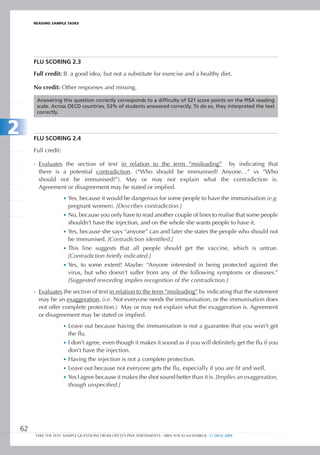 REaDIng SamPlE TaSkS




         FLu SCORIng 2.3

         Full credit: B. a good idea, but not a substitute for exercise and a healthy diet.

         No credit: Other responses and missing.

          Answering this question correctly corresponds to a difficulty of 521 score points on the PISA reading
          scale. Across OECD countries, 53% of students answered correctly. To do so, they interpreted the text
          correctly.



2        FLu SCORIng 2.4

         Full credit:

         - Evaluates the section of text in relation to the term “misleading” by indicating that
           there is a potential contradiction. (“Who should be immunised? Anyone…” vs “Who
           should not be immunised?”). May or may not explain what the contradiction is.
           Agreement or disagreement may be stated or implied.
                        •	 Yes, because it would be dangerous for some people to have the immunisation (e.g.
                           pregnant women). [Describes contradiction.]
                        •	 No, because you only have to read another couple of lines to realise that some people
                           shouldn’t have the injection, and on the whole she wants people to have it.
                        •	 Yes, because she says “anyone” can and later she states the people who should not
                           be immunised. [Contradiction identified.]
                        •	 This line suggests that all people should get the vaccine, which is untrue.
                           [Contradiction briefly indicated.]
                        •	 Yes, to some extent! Maybe: “Anyone interested in being protected against the
                           virus, but who doesn’t suffer from any of the following symptoms or diseases.”
                           [Suggested rewording implies recognition of the contradiction.]
         - Evaluates the section of text in relation to the term “misleading” by indicating that the statement
           may be an exaggeration. (i.e. Not everyone needs the immunisation, or the immunisation does
           not offer complete protection.) May or may not explain what the exaggeration is. Agreement
           or disagreement may be stated or implied.
                        •	 Leave out because having the immunisation is not a guarantee that you won’t get
                          the flu.
                        •	 I don’t agree, even though it makes it sound as if you will definitely get the flu if you
                          don’t have the injection.
                        •	 Having the injection is not a complete protection.
                        •	 Leave out because not everyone gets the flu, especially if you are fit and well.
                        •	 Yes I agree because it makes the shot sound better than it is. [Implies an exaggeration,
                          though unspecified.]




    62
         TAKE THE TEST: SAMPLE QUESTIONS FROM OECD’S PISA ASSESSMENTS - ISBN 978-92-64-05080-8 - © OECD 2009
 