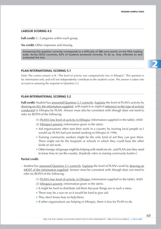 REaDIng SamPlE TaSkS




LABour	sCorinG	4.5

Full credit: C. Categories within each group.

No credit: Other responses and missing.

 Answering this question correctly corresponds to a difficulty of 486 score points on the PISA reading
 scale. Across OECD countries, 62% of students answered correctly. To do so, they reflected on and
 evaluated the text.




PLAn IntERnAtIOnAL SCORIng 5.1
                                                                                                                             2
Note: The correct answer is B: “The level of activity was comparatively low in Ethiopia”. This question is
for information only and will not independently contribute to the student’s score. The answer is taken into
account in assessing the response to Question 5.2



PLAn IntERnAtIOnAL SCORIng 5.2

Full credit: Student has answered Question 5.1 correctly. Explains the level of PLAN’s activity by
drawing on ALL the information supplied, with explicit or implicit reference to the type of activity
conducted in Ethiopia by PLAN. Answer must also be consistent with (though does not need to
refer to) BOTH of the following:
            (1) PLAN’s low level of activity in Ethiopia (information supplied in the table); AND
            (2) Ethiopia’s poverty (information given in the stem).
            •	 Aid organisations often start their work in a country by training local people so I
               would say PLAN had just started working in Ethiopia in 1996.
            •	 Training community workers might be the only kind of aid they can give there.
               There might not be the hospitals or schools in which they could base the other
               kinds of aid work.
            •	 Other foreign aid groups might be helping with medicine etc. and PLAN sees they need
               to know how to run the country. [Implicitly refers to training community leaders.]
Partial credit:

- Student has answered Question 5.1 correctly. Explains the level of PLAN’s work by drawing on
  MOST of the information supplied. Answer must be consistent with (though does not need to
  refer to) BOTH of the following:
            (1) PLAN’s low level of activity in Ethiopia (information supplied in the table); AND
            (2) Ethiopia’s poverty (information given in the stem).
            •	 It might be hard to distribute aid there because things are in such a mess.
            •	 There may be a war on so it would be hard to give aid.
            •	 They don’t know how to help there.
            •	 If other organisations are helping in Ethiopia, there is less for PLAN to do.




                                                                                                                        69
                  TAKE THE TEST: SAMPLE QUESTIONS FROM OECD’S PISA ASSESSMENTS - ISBN 978-92-64-05080-8 - © OECD 2009
 