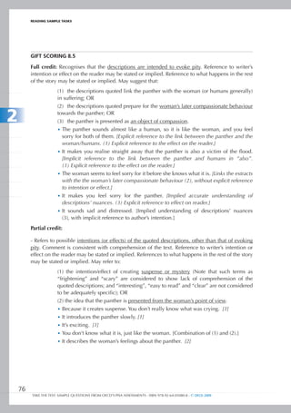 REaDIng SamPlE TaSkS




         gIFt SCORIng 8.5

         Full credit: Recognises that the descriptions are intended to evoke pity. Reference to writer’s
         intention or effect on the reader may be stated or implied. Reference to what happens in the rest
         of the story may be stated or implied. May suggest that:
                      (1) the descriptions quoted link the panther with the woman (or humans generally)
                      in suffering; OR
                      (2) the descriptions quoted prepare for the woman’s later compassionate behaviour

2                     towards the panther; OR
                      (3) the panther is presented as an object of compassion.
                      •	 The panther sounds almost like a human, so it is like the woman, and you feel
                         sorry for both of them. [Explicit reference to the link between the panther and the
                         woman/humans. (1) Explicit reference to the effect on the reader.]
                      •	 It makes you realise straight away that the panther is also a victim of the flood.
                         [Implicit reference to the link between the panther and humans in “also”.
                         (1) Explicit reference to the effect on the reader.]
                      •	 The woman seems to feel sorry for it before she knows what it is. [Links the extracts
                         with the the woman’s later compassionate behaviour (2), without explicit reference
                         to intention or effect.]
                      •	 It makes you feel sorry for the panther. [Implied accurate understanding of
                         descriptions’ nuances. (3) Explicit reference to effect on reader.]
                      •	 It sounds sad and distressed. [Implied understanding of descriptions’ nuances
                         (3), with implicit reference to author’s intention.]
         Partial credit:

         - Refers to possible intentions (or effects) of the quoted descriptions, other than that of evoking
         pity. Comment is consistent with comprehension of the text. Reference to writer’s intention or
         effect on the reader may be stated or implied. References to what happens in the rest of the story
         may be stated or implied. May refer to:
                      (1) the intention/effect of creating suspense or mystery (Note that such terms as
                      “frightening” and “scary” are considered to show lack of comprehension of the
                      quoted descriptions; and “interesting”, “easy to read” and “clear” are not considered
                      to be adequately specific); OR
                      (2) the idea that the panther is presented from the woman’s point of view.
                      •	 Because it creates suspense. You don’t really know what was crying. [1]
                      •	 It introduces the panther slowly. [1]
                      •	 It’s exciting. [1]
                      •	 You don’t know what it is, just like the woman. [Combination of (1) and (2).]
                      •	 It describes the woman’s feelings about the panther. [2]




    76
         TAKE THE TEST: SAMPLE QUESTIONS FROM OECD’S PISA ASSESSMENTS - ISBN 978-92-64-05080-8 - © OECD 2009
 