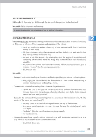 REaDIng SamPlE TaSkS




JusT	JuDGe	sCorinG	14.2

Full credit: D. By testing her skill in work that she needed to perform for her husband.

No credit: Other responses and missing.

 To answer this question correctly students had to retrieve information.




JusT	JuDGe	sCorinG	14.3

Full credit: Evaluates the fairness of the punishments in relation to each other, in terms of similarity
                                                                                                                              2
or difference of offences. Shows accurate understanding of the crimes.
             •	 No, it is a much more serious crime to try to steal someone’s wife than to steal their
               money or their horse.
             •	 All three criminals tried to cheat someone and then lied about it, so it was fair that
               they were punished in the same way.
             •	 It’s hard to say. The peasant, the oil merchant and the beggar all wanted to steal
                something. On the other hand the things they wanted to steal were not equally
                valuable.
             •	 No, some of the crimes were worse than others. [Minimal correct answer: gives a
                criterion (“worse”) for the varying punishments.]
             •	 Yes, they all lied.

No credit:

- Shows accurate understanding of the crimes and/or the punishments without evaluating them.
             •	 The judge gave fifty strokes to the three criminals. Their crimes were stealing a
               woman, stealing money and stealing a horse.
- Demonstrates a misunderstanding of the crimes or the punishments.
             •	 I think the case of the peasant and the scholar was different from the other two
               because it was more like a divorce, where the other two were thefts. So the peasant
               should not have been punished.
- Evaluates the fairness of the punishment per se (ie. answers as if the question were, “Is fifty
  strokes of the lash a just punishment?”)
             •	 No, fifty lashes is much too harsh a punishment for any of these crimes.
             •	 Yes, severe punishments are necessary because that way the criminals won’t try to
                do it again.
             •	 No, I don’t think the punishments were strong enough.
             •	 He was too severe.

- Answers irrelevantly or vaguely, without explanation or with inadequate explanation or in a
  way which is inconsistent with the content of the story.
             •	 Yes, I think it was fair.


                                                                                                                         89
                   TAKE THE TEST: SAMPLE QUESTIONS FROM OECD’S PISA ASSESSMENTS - ISBN 978-92-64-05080-8 - © OECD 2009
 