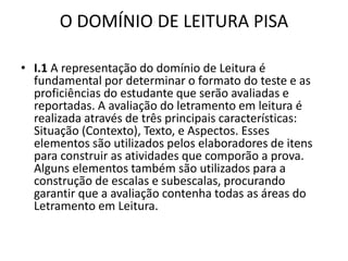 O DOMÍNIO DE LEITURA PISA
• I.1 A representação do domínio de Leitura é
fundamental por determinar o formato do teste e as
proficiências do estudante que serão avaliadas e
reportadas. A avaliação do letramento em leitura é
realizada através de três principais características:
Situação (Contexto), Texto, e Aspectos. Esses
elementos são utilizados pelos elaboradores de itens
para construir as atividades que comporão a prova.
Alguns elementos também são utilizados para a
construção de escalas e subescalas, procurando
garantir que a avaliação contenha todas as áreas do
Letramento em Leitura.
 