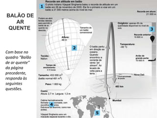 BALÃO DE
AR
QUENTE
Com base no
quadro “Balão
de ar quente”
da página
precedente,
responda às
seguintes
questões.
 