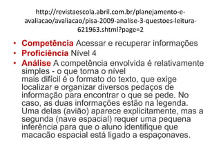 http://revistaescola.abril.com.br/planejamento-e-
avaliacao/avaliacao/pisa-2009-analise-3-questoes-leitura-
621963.shtml?page=2
• Competência Acessar e recuperar informações
• Proficiência Nível 4
• Análise A competência envolvida é relativamente
simples - o que torna o nível
mais difícil é o formato do texto, que exige
localizar e organizar diversos pedaços de
informação para encontrar o que se pede. No
caso, as duas informações estão na legenda.
Uma delas (avião) aparece explicitamente, mas a
segunda (nave espacial) requer uma pequena
inferência para que o aluno identifique que
macacão espacial está ligado a espaçonaves.
 