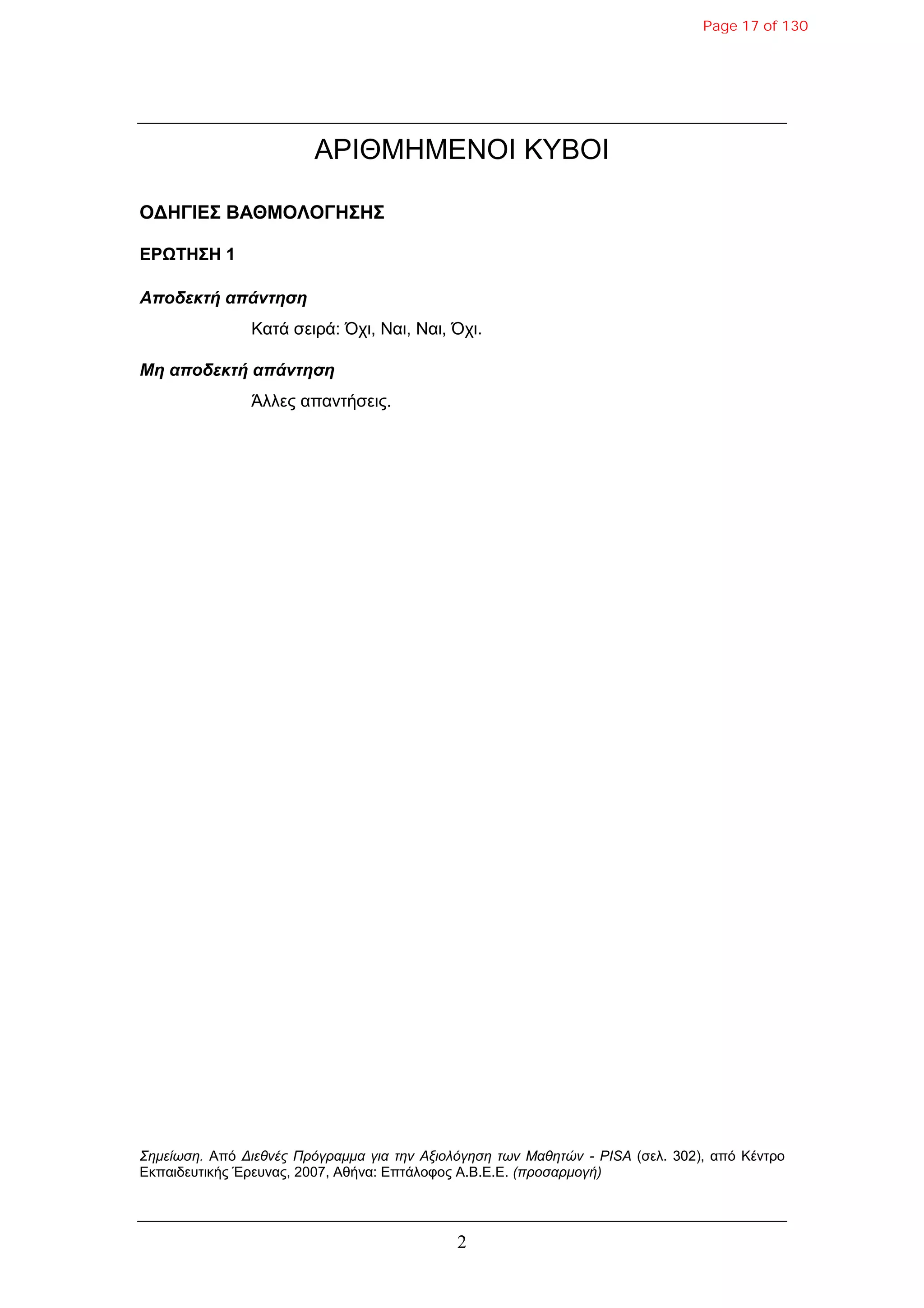 2
ΑΡΙΘΜΗΜΕΝΟΙ ΚΤΒΟΙ
ΟΓΗΓΙΔΣ ΒΑΘΜΟΛΟΓΗΣΗΣ
ΔΡΩΤΗΣΗ 1
Αποδεκηή απάνηηζη
Καηά ζεηρά: Ότη, Ναη, Ναη, Ότη.
Μη αποδεκηή απάνηηζη
Άιιες απαληήζεης.
Σημείωση. Από Διεθνέρ Ππόγπαμμα για την Αξιολόγηση των Μαθητών - PISA (ζει. 302), από Κέληρο
Εθπαηδεσηηθής Έρεσλας, 2007, Αζήλα: Επηάιοθος Α.Β.Ε.Ε. (πποσαπμογή)
Page 17 of 130
 