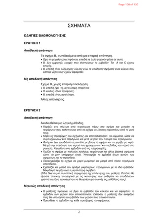 2
ΣΧΗΜΑΤΑ
ΟΓΗΓΙΔΣ ΒΑΘΜΟΛΟΓΗΣΗΣ
ΔΡΩΤΗΣΗ 1
Αποδεκηή απάνηηζη
Το ζτήμα Β, ζσνοδεσόμενο από μια επαρκή απάνηηζη.
 Έρεη ηε κεγαιύηεξε επηθάλεηα, επεηδή ηα άιια ρωξνύλ κέζα ζε απηή.
 Β. Γελ εκθαλίδεη εζνρέο πνπ ειαηηώλνπλ ην εκβαδόλ. Τα A θαη C έρνπλ
εζνρέο.
 Β, επεηδή είλαη νιόθιεξνο θύθινο ελώ ηα ππόινηπα ζρήκαηα είλαη θύθινη πνπ
θάπνηα κέξε ηνπο έρνπλ αθαηξεζεί.
Μη αποδεκηή απάνηηζη
Στήμα Β, τφρίς επαρκή αιηιολόγηζη.
 Β, επεηδή έρεη ηε κεγαιύηεξε επηθάλεηα
 Ο θύθινο. Δίλαη πξνθαλέο.
 Β, επεηδή είλαη κεγαιύηεξν.
Άλλες απανηήζεις.
ΔΡΩΤΗΣΗ 2
Αποδεκηή απάνηηζη
Ακολοσθείηαι μια λογική μέθοδος.
 Φαξάδεη έλα πιέγκα από ηεηξάγωλα πάλω ζην ζρήκα θαη κεηξάεη ηα
ηεηξάγωλα πνπ θαιύπηνληαη από ην ζρήκα ζε έθηαζε παξαπάλω από ην κηζό
ηνπο.
 Κόβεη ηηο πξνεμνρέο ηνπ ζρήκαηνο θαη επαλαδηαηάζζεη ηα θνκκάηηα, ώζηε λα
ζπκπιεξώλνπλ έλα ηεηξάγωλν θαη κεηά κεηξάεη ηελ πιεπξά ηνπ ηεηξαγώλνπ.
 Φηηάρλεη έλα ηξηζδηάζηαην κνληέιν κε βάζε ην ζρήκα θαη ην γεκίδεη κε λεξό.
Μεηξά ηελ πνζόηεηα ηνπ λεξνύ πνπ ρξεζηκνπνηεί θαη ην βάζνο ηνπ λεξνύ ζην
κνληέιν. Καηαιήγεη ζην εκβαδόλ από ηηο πιεξνθνξίεο.
 Γεκίδεη ην ζρήκα κε πνιινύο θύθινπο, ηεηξάγωλα θαη άιια βαζηθά ζρήκαηα
ώζηε λα κελ ππάξρνπλ θελά. Υπνινγίδεη ηα εκβαδά όιωλ απηώλ ηωλ
ζρεκάηωλ θαη ηα πξνζζέηεη.
 Ξαλαζρεδηάδεη ην ζρήκα ζε ραξηί κηιηκεηξέ θαη κεηξά από πόζα ηεηξάγωλα
απνηειείηαη.
 Σρεδηάδεη θαη κεηξά ηνλ αξηζκό κηθξόηεξωλ ηεηξαγώλωλ κε ην ίδην εκβαδόλ.
Μηθξόηεξα ηεηξάγωλα = κεγαιύηεξε αθξίβεηα.
(Δδώ δίλεηαη κηα ζπλνπηηθή πεξηγξαθή ηεο απάληεζεο ηνπ καζεηή. Ωζηόζν ζα
είκαζηε επηεηθείο αλαθνξηθά κε ηηο ηθαλόηεηεο ηωλ καζεηώλ λα απνδώζνπλ
γξαπηά ηε ιύζε πξνθεηκέλνπ λα ζεωξήζνπκε ζωζηέο ηηο κεζόδνπο ηνπο).
Μερικώς αποδεκηή απάνηηζη
 Ο καζεηήο πξνηείλεη λα βξεη ην εκβαδόλ ηνπ θύθινπ θαη λα αθαηξέζεη ην
εκβαδόλ ηωλ κεξώλ πνπ απνθόπηνληαη. Ωζηόζν, ν καζεηήο δελ αλαθέξεη
πώο ζα ππνινγίζεη ην εκβαδόλ ηωλ κεξώλ πνπ απνθόπηνληαη.
 Πξνζζέηεη ην εκβαδόλ ηεο θάζε πξνεμνρήο ηνπ ζρήκαηνο.
Page 100 of 130
 