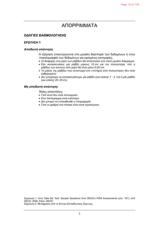 2
ΑΠΟΡΡΙΜΜΑΣΑ
ΟΓΗΓΙΔΣ ΒΑΘΜΟΛΟΓΗΣΗΣ
ΔΡΩΤΗΣΗ 1
Αποδεκηή απάνηηζη
Η εξήγηζη επικενηπώνεηαι ζηη μεγάλη διαζποπά ηυν δεδομένυν ή ζηην
ποικιλομοπθία ηυν δεδομένυν για οπιζμένερ καηηγοπίερ.
 Οι διαθορές ζηα μήκη ηων ράβδων θα απαιηούζαν ένα πολύ μεγάλο διάγραμμα.
 Εάν καηαζκεσάζεις μία ράβδο μήκοσς 10 cm για ηον πολσεζηέρα, ηόηε η
ράβδος ηων κοσηιών από ταρηί θα ήηαν μόνο 0,05 cm.
 Το μήκος ηης ράβδοσ ποσ ανηιζηοιτεί ζηα «ποηήρια από πολσεζηέρα» δεν είναι
καθοριζμένο.
 Δεν μπορούμε να καηαζκεσάζοσμε μία ράβδο (για κλάζη) 1 - 3 έηη ή μία ράβδο
(για κλάζη) 20–25 έηη.
Μη αποδεκηή απάνηηζη
Άλλερ απανηήζειρ.
 Γιαηί ασηό δεν είναι λειηοσργικό.
 Ενα πικηόγραμμα είναι καλύηερο.
 Δεν μπορεί να επαληθεσθεί η πληροθορία.
 Γιαηί οι αριθμοί ζηο πίνακα είναι καηά προζέγγιζη.
Σημείωζη 1. Από Take the Test: Sample Questions from OECD’s PISA Assessments (ζελ. 167), από
OECD, 2009, Paris: OECD.
Σημείωζη 2. Μεηάθπαζη από ηο Κένηπο Εκπαιδεςηικήρ Έπεςναρ.
Page 13 of 130
 