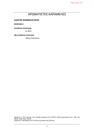 2
ΧΡΩΜΑΣΙ΢ΣΔ΢ ΚΑΡΑΜΔΛE΢
ΟΓΗΓΙΔΣ ΒΑΘΜΟΛΟΓΗΣΗΣ
ΔΡΩΤΗΣΗ 1
Αποδεκηή απάνηηζη
B. 20%.
Μη αποδεκηή απάνηηζη
Άιιεο απαληήζεηο.
Σημείωση 1. Από Take the Test: Sample Questions from OECD’s PISA Assessments (ζει. 166), από
OECD, 2009, Paris: OECD.
Σημείωση 2. Μεηάθξαζε από ην Κέληξν Δθπαηδεπηηθήο Έξεπλαο.
Page 130 of 130
 