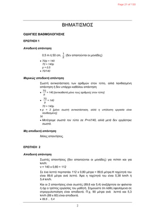 2
ΒΗΜΑΣΙ΢ΜΟ΢
ΟΓΗΓΙΔΣ ΒΑΘΜΟΛΟΓΗΣΗΣ
ΔΡΩΤΗΣΗ 1
Αποδεκηή απάνηηζη
0,5 m ή 50 cm,
2
1
(δελ απαηηνύληαη νη κνλάδεο)
 70/p = 140
70 = 140p
p = 0,5
 70/140
Μερικώς αποδεκηή απάνηηζη
΢σζηή αληηθαηάζηαζε ησλ αξηζκώλ ζηνλ ηύπν, αιιά ιαλζαζκέλε
απάληεζε ή δελ ππάξρεη θαζόινπ απάληεζε

p
70
= 140 [αληηθαζηζηά κόλν ηνπο αξηζκνύο ζηνλ ηύπν].

p
70
= 140
70 = 140p
 p = 2 [κόλν ζσζηή αληηθαηάζηαζε, αιιά ε ππόινηπε εξγαζία είλαη
ιαλζαζκέλε].
Ή
 Μεηέηξεςε ζσζηά ηνλ ηύπν ζε Ρ=n/140, αιιά κεηά δελ εξγάζηεθε
ζσζηά.
Μη αποδεκηή απάνηηζη
Άιιεο απαληήζεηο.
ΔΡΩΤΗΣΗ 2
Αποδεκηή απάνηηζη
΢σζηέο απαληήζεηο (δελ απαηηνύληαη νη κνλάδεο) γηα m/min θαη γηα
km/h:
v = 140 x 0,80 = 112
΢ε έλα ιεπηό πεξπαηάεη 112 x 0,80 κέηξα = 89,6 κέηξα.Η ηαρύηεηά ηνπ
είλαη 89,6 κέηξα αλά ιεπηό. Άξα ε ηαρύηεηά ηνπ είλαη 5,38 km/h ή
5,4 km/h.
Καη νη 2 απαληήζεηο είλαη ζσζηέο (89,6 θαη 5,4) αλεμάξηεηα αλ θαίλεηαη
ή όρη ν ηξόπνο εξγαζίαο ηνπ καζεηή. ΢εκεηώζηε όηη ιάζε νθεηιόκελα ζε
ζηξνγγπινπνίεζε είλαη απνδεθηά. Π.ρ. 90 κέηξα αλά ιεπηό θαη 5,3
km/h (89 x 60) είλαη απνδεθηά.
 89,6 , 5,4
Page 21 of 130
 