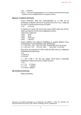 3
 90 , 5,376 km/h
 89,8 , 5,376 m/h [Υπνγξακκίδνπκε όηη αλ ε δεύηεξε απάληεζε δίλεηαη ρσξίο
κνλάδεο ηόηε ζα ηε βαζκνινγήζεηε σο κεξηθώο ζσζηή.]
Μερικώς αποδεκηή απάνηηζη
΢σζηή απάληεζε, αιιά δελ πνιιαπιαζηάδεη κε ην 0,80 γηα λα
κεηαηξέςεη ηα βήκαηα αλά ιεπηό ζε κέηξα αλά ιεπηό. Π.ρ. ε ηαρύηεηά
ηνπ είλαη 112 κέηξα αλά ιεπηό θαη 6,72 km/h.
 112, 6,72 km/h
Η ηαρύηεηα ζε κέηξα αλά ιεπηό είλαη ζσζηή (89,6 κέηξα αλά ιεπηό),
αιιά ε κεηαηξνπή ζε km/h είλαη ιαλζαζκέλε ή ιείπεη.
 89,6 m/min, 8.960 km/h
 89,6 , 5,376
 89,6 , 53,76
 89,6 , 0,087 km/h
 89,6 , 1,49 km/h
΢σζηή κέζνδνο (πνπ θαίλεηαη μεθάζαξα) κε κηθξό/ά ιάζνο/ε ζηνπο
ππνινγηζκνύο. Σα απνηειέζκαηα είλαη ιαλζαζκέλα.
 λ = 140 x 0,8 = 1120, 1120 x 0,8 = 896. Πεξπαηά 896 m/min, 53,76 km/h
 λ = 140 x 0,8 = 116, 116 x 0,8 = 92,8. 92,8 m/min -> 5,57 km/h
Γίλεη κόλν ηελ απάληεζε 5,4 km/h, αιιά όρη 89,6 m/min (νη ελδηάκεζνη
ππνινγηζκνί δελ θαίλνληαη).
 5,4
 5,376 km/h
 5,376 m/h
λ = 140 x 0,80 = 112. Γελ έρεη γξάςεη ηίπνηα άιιν ή αθνινπζεί
ιαλζαζκέλε πνξεία από απηό ην ζεκείν θαη κεηά.
 112
 λ = 112, 0,112km/h
 λ = 112, 1 120km/h
 112 m/min, 504km/h
Μη αποδεκηή απάνηηζη
Άιιεο απαληήζεηο.
΢εκείσζε. Από Δηεζλέο Πξόγξακκα γηα ηελ Αμηνιόγεζε ησλ Μαζεηώλ - PISA (ζει. 263-265), από
Κέληξν Δθπαηδεπηηθήο Έξεπλαο, 2007, Αζήλα: Δπηάινθνο Α.Β.Δ.Δ. (πξνζαξκνγή)
Page 22 of 130
 