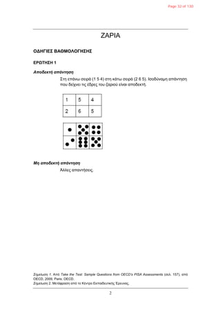 2
ΖΑΡΙΑ
ΟΓΗΓΙΔΣ ΒΑΘΜΟΛΟΓΗΣΗΣ
ΔΡΩΤΗΣΗ 1
Αποδεκηή απάνηηζη
΢ηε επάλω ζεηξά (1 5 4) ζηε θάηω ζεηξά (2 6 5). Ιζνδύλακε απάληεζε
πνπ δείρλεη ηηο έδξεο ηνπ δαξηνύ είλαη απνδεθηή.
Μη αποδεκηή απάνηηζη
Άιιεο απαληήζεηο.
Σημείωση 1. Από Take the Test: Sample Questions from OECD’s PISA Assessments (ζει. 157), από
OECD, 2009, Paris: OECD.
Σημείωση 2. Μεηάθξαζε από ην Κέληξν Εθπαηδεπηηθήο Έξεπλαο.
Page 32 of 130
 