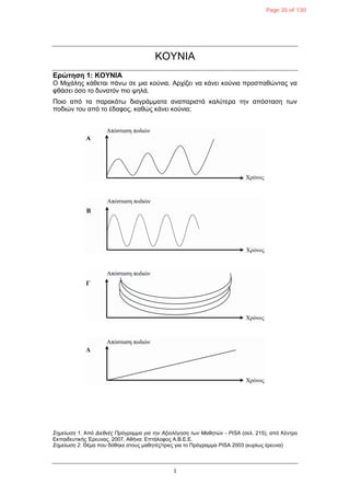 1
ΚΟΥΝΙΑ
Δρώτηση 1: ΚΟΥΝΙΑ
Ο Mιτάλης κάθεηαι πάνφ ζε μια κούνια. Αρτίζει να κάνει κούνια προζπαθώνηας να
θθάζει όζο ηο δσναηόν πιο υηλά.
Πoιο από ηα παρακάηφ διαγράμμαηα αναπαριζηά καλύηερα ηην απόζηαζη ηφν
ποδιών ηοσ από ηο έδαθος, καθώς κάνει κούνια;
Σημείωση 1. Από Διεθνέρ Ππόγπαμμα για την Αξιολόγηση των Μαθητών - PISA (ζελ. 215), από Κένηρο
Εκπαιδεσηικής Έρεσνας, 2007, Αθήνα: Επηάλοθος Α.Β.Ε.Ε.
Σημείωση 2. Θέμα ποσ δόθηκε ζηοσς μαθηηές/ηριες για ηο Πρόγραμμα PISA 2003 (κσρίφς έρεσνα)
Page 35 of 130
 