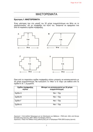1
ΜΑ΢ΣΟΡΔΜΑΣΑ
Δπώηηζη 1: ΜΑΣΤΟΡΔΜΑΤΑ
Έναρ μάζηοπαρ έσει ζηο μαγαζί ηος 32 μέηπα ζςπμαηόπλεγμα και θέλει να ηο
σπηζιμοποιήζει, για να πεπιθπάξει ηον κήπο ηος. ΢κέθηεηαι να εθαπμόζει ένα
από ηα παπακάηω ζσέδια πεπίθπαξηρ.
Ποια από ηα παπαπάνω ζσέδια πεπίθπαξηρ κήπος μποπούν να καηαζκεςαζηούν με
32 μέηπα ζςπμαηόπλεγμα; Να κςκλώζεηε ηο «Ναι» ή ηο «Όσι» για καθένα από ηα
ζσέδια Α, Β, Γ, Γ σωπιζηά.
Σσέδιο πεπίθπαξηρ
κήπος
Μποπεί να καηαζκεςαζηεί με 32 μέηπα
ζςπμαηόπλεγμα;
΢σέδιο A Ναι / Όσι
΢σέδιο B Ναι / Όσι
΢σέδιο Γ Ναι / Όσι
΢σέδιο Γ Ναι / Όσι
Σημείωση 1. Από Διεθνέρ Ππόγπαμμα για την Αξιολόγηση των Μαθητών - PISA (ζελ. 242), από Κένηπο
Δκπαιδεςηικήρ Έπεςναρ, 2007, Αθήνα: Δπηάλοθορ Α.Β.Δ.Δ.
Σημείωση 2. Θέμα πος δόθηκε ζηοςρ μαθηηέρ/ηπιερ για ηο Ππόγπαμμα PISA 2003 (κςπίωρ έπεςνα).
Page 45 of 130
 