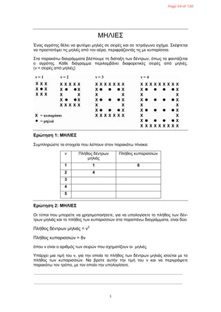 1
ΜΗΛΙΔΣ
Έλαο αγξόηεο ζέιεη λα θπηέςεη κειηέο ζε ζεηξέο θαη ζε ηεηξάγσλν ζρήκα. Σθέθηεηαη
λα πξνζηαηέςεη ηηο κειηέο από ηνλ αέξα, πεξηθξάδνληάο ηηο κε θππαξίζζηα.
Σηα παξαθάησ δηαγξάκκαηα βιέπνπκε ηε δηάηαμε ησλ δέληξσλ, όπσο ηα θαληάδεηαη
ν αγξόηεο. Κάζε δηάγξακκα πεξηιακβάλεη δηαθνξεηηθέο ζεηξέο από κειηέο.
(λ = ζεηξέο από κειηέο)
Δρώτηση 1: ΜΗΛΙΔΣ
Σπκπιεξώζηε ηα ζηνηρεία πνπ ιείπνπλ ζηνλ παξαθάησ πίλαθα:
λ Πιήζνο δέληξσλ
κειηάο
Πιήζνο θππαξηζζηώλ
1 1 8
2 4
3
4
5
Δρώτηση 2: ΜΗΛΙΔΣ
Οη ηύπνη πνπ κπνξείηε λα ρξεζηκνπνηήζεηε, γηα λα ππνινγίζεηε ην πιήζνο ησλ δέλ-
ηξσλ κειηάο θαη ην πιήζνο ησλ θππαξηζζηώλ ζηα παξαπάλσ δηαγξάκκαηα, είλαη δύν:
Πιήζνο δέληξσλ κειηάο = λ2
Πιήζνο θππαξηζζηώλ = 8λ
όπνπ λ είλαη ν αξηζκόο ησλ ζεηξώλ πνπ ζρεκαηίδνπλ νη κειηέο.
Υπάξρεη κηα ηηκή ηνπ λ, γηα ηελ νπνία ην πιήζνο ησλ δέληξσλ κειηάο ηζνύηαη κε ην
πιήζνο ησλ θππαξηζζηώλ. Να βξείηε απηήλ ηελ ηηκή ηνπ λ θαη λα πεξηγξάςεηε
παξαθάησ ηνλ ηξόπν, κε ηνλ νπνίν ηελ ππνινγίζαηε.
.................................................................................................................................................
.................................................................................................................................................
Page 54 of 130
 