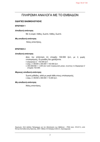 2
ΠΛΗΡΩΜΗ ΑΝΑΛΟΓΑ ΜΔ ΣΟ ΔΜΒΑΓΟΝ
ΟΓΗΓΙΔ΢ ΒΑΘΜΟΛΟΓΗ΢Η΢
ΔΡΩΣΗ΢Η 1
Αποδεκηή απάνηηζη
Με ηε ζεηξά: Λάζνο, ΢ωζηό, Λάζνο, ΢ωζηό.
Μη αποδεκηή απάνηηζη
Άιιεο απαληήζεηο.
ΔΡΩΣΗ΢Η 2
Αποδεκηή απάνηηζη
Γίλεη ηελ απάληεζε όηη ζηνηρίδεη 102.000 δελη, κε ή ρωξίο
ππνινγηζκνύο. Οη κνλάδεο δελ ρξεηάδνληαη.
 Διαμέπιζμα 2 : 102.000 ζενη.
 Διαμ. 2: 85/250 x 300.000 = 102.000 ζενη.
 300.000/250 = 1.200 ζενη καηά ηεηπαγωνικό μέηπο, ζςνεπώρ ηο διαμέπιζμα 2
ζηοισίζει 102.000.
Μερικώς αποδεκηή απάνηηζη
΢ωζηή κέζνδνο, αιιά κε κηθξά ιάζε ζηνπο ππνινγηζκνύο.
 Γηακ. 2: 85/250 x 300.000 = 10.200 δελη.
Μη αποδεκηή απάνηηζη
Άιιεο απαληήζεηο.
Σημείωζη. Από Διεθνέρ Ππόγπαμμα για ηην Αξιολόγηζη ηων Μαθηηών - PISA (ζει. 310-311), από
Κέληξν Δθπαηδεπηηθήο Έξεπλαο, 2007, Αζήλα: Δπηάινθνο Α.Β.Δ.Δ. (πποζαπμογή)
Page 78 of 130
 