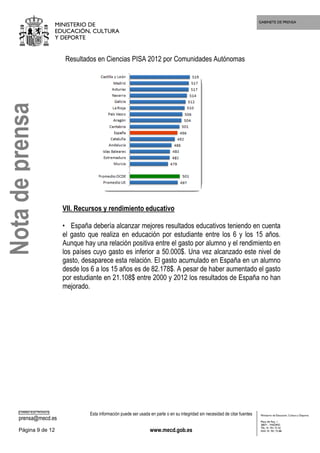 GABINETE DE PRENSA
MINISTERIO DE
EDUCACIÓN, CULTURA
Y DEPORTE
CORREO ELECTRÓNICO
prensa@mecd.es
Esta información puede ser usada en parte o en su integridad sin necesidad de citar fuentes
Página 9 de 12 www.mecd.gob.es
Ministerio de Educación, Cultura y Deporte
Plaza del Rey, 1
28071 - MADRID
TEL: 91 701 72 42
FAX: 91 701 73 88
Resultados en Ciencias PISA 2012 por Comunidades Autónomas
VII. Recursos y rendimiento educativo
• España debería alcanzar mejores resultados educativos teniendo en cuenta
el gasto que realiza en educación por estudiante entre los 6 y los 15 años.
Aunque hay una relación positiva entre el gasto por alumno y el rendimiento en
los países cuyo gasto es inferior a 50.000$. Una vez alcanzado este nivel de
gasto, desaparece esta relación. El gasto acumulado en España en un alumno
desde los 6 a los 15 años es de 82.178$. A pesar de haber aumentado el gasto
por estudiante en 21.108$ entre 2000 y 2012 los resultados de España no han
mejorado.
Notadeprensa
 