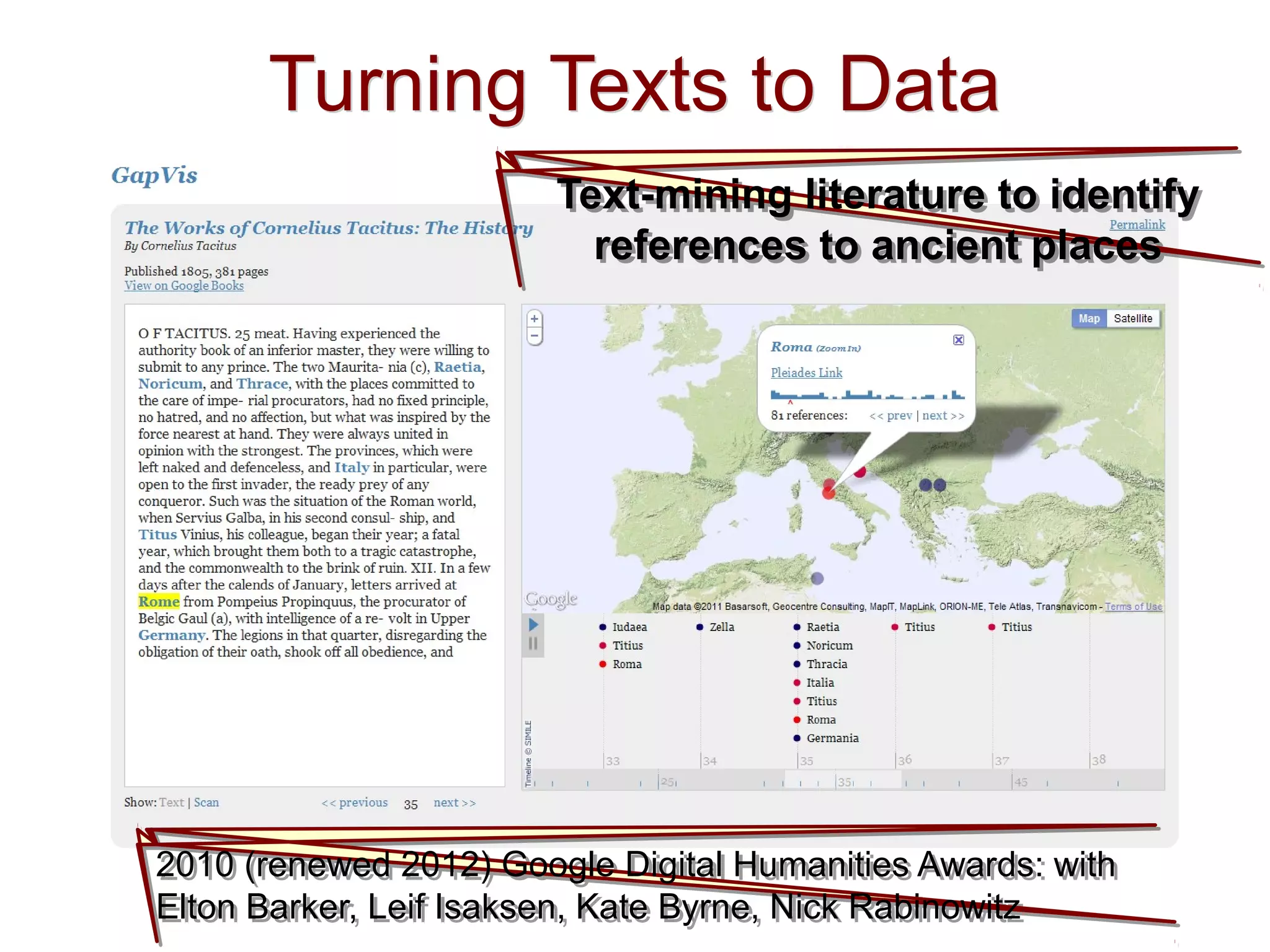 Turning Texts to DataTurning Texts to Data
2010 (renewed 2012) Google Digital Humanities Awards: with
Elton Barker, Leif Isaksen, Kate Byrne, Nick Rabinowitz
2010 (renewed 2012) Google Digital Humanities Awards: with
Elton Barker, Leif Isaksen, Kate Byrne, Nick Rabinowitz
Text-mining literature to identify
references to ancient places
Text-mining literature to identify
references to ancient places
 