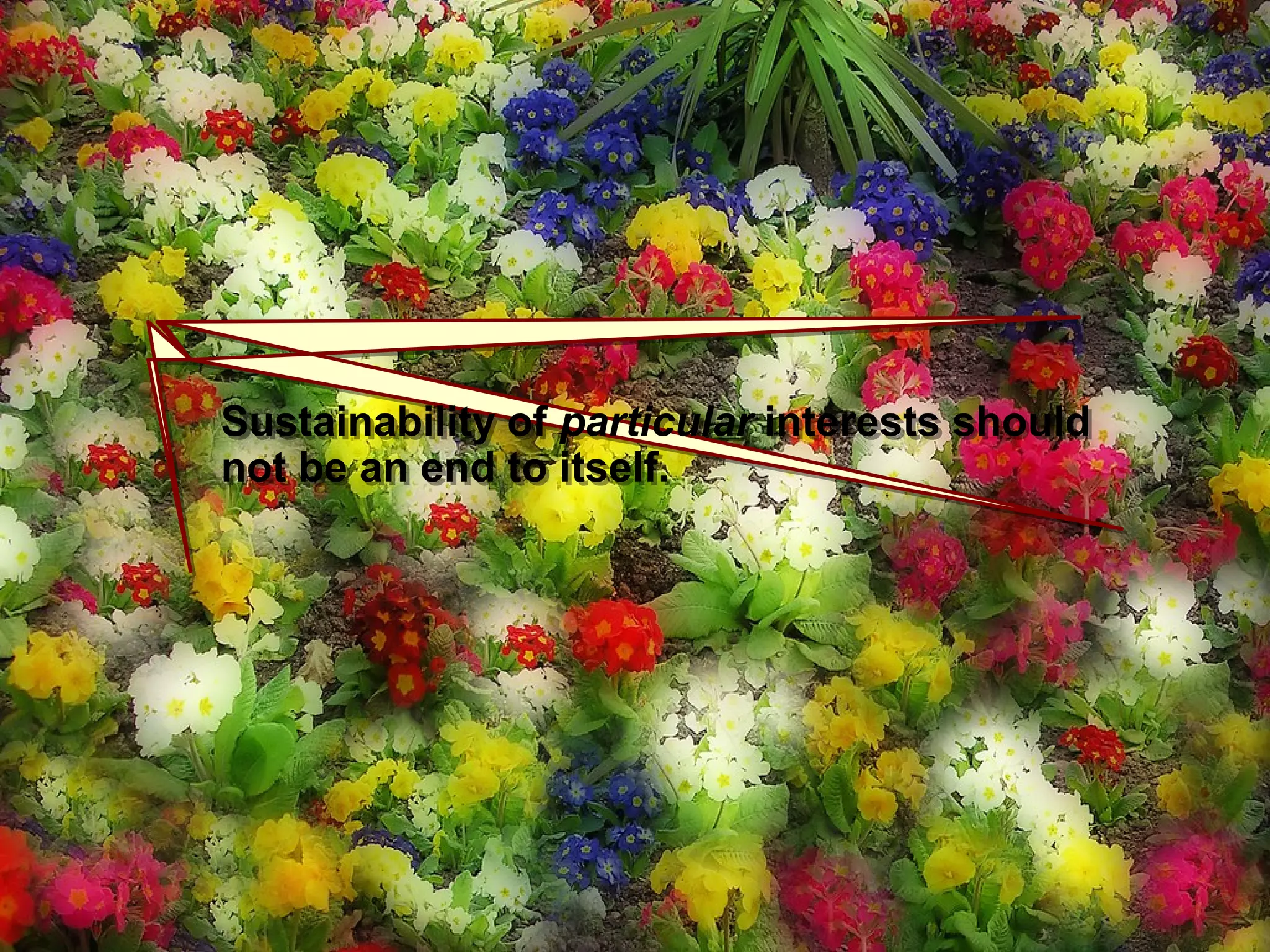 Thousand FlowersThousand Flowers
Sustainability of particular interests should
not be an end to itself.
Sustainability of particular interests should
not be an end to itself.
 