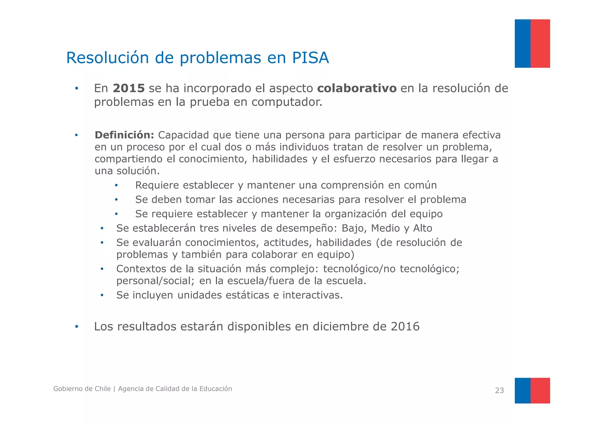Resolución de problemas en PISA 
• En 2015 se ha incorporado el aspecto colaborativo en la resolución de 
problemas en la prueba en computador. 
• Definición: Capacidad que tiene una persona para participar de manera efectiva 
en un proceso por el cual dos o más individuos tratan de resolver un problema, 
compartiendo el conocimiento, habilidades y el esfuerzo necesarios para llegar a 
una solución. 
• Requiere establecer y mantener una comprensión en común 
• Se deben tomar las acciones necesarias para resolver el problema 
• Se requiere establecer y mantener la organización del equipo 
• Se establecerán tres niveles de desempeño: Bajo, Medio y Alto 
• Se evaluarán conocimientos, actitudes, habilidades (de resolución de 
problemas y también para colaborar en equipo) 
• Contextos de la situación más complejo: tecnológico/no tecnológico; 
personal/social; en la escuela/fuera de la escuela. 
• Se incluyen unidades estáticas e interactivas. 
• Los resultados estarán disponibles en diciembre de 2016 
Gobierno de Chile | Agencia de Calidad de la Educación 23 
 