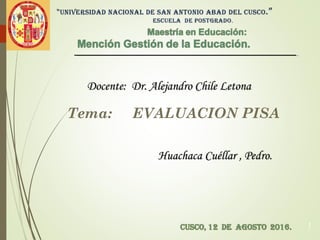 1
Tema: EVALUACION PISA
Docente:Docente: Dr. Alejandro Chile LetonaDr. Alejandro Chile Letona
 