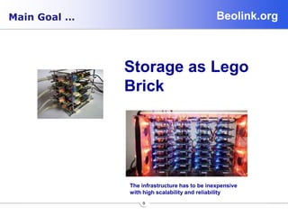 Beolink.org
9
Main Goal …
Storage as Lego
Brick
The infrastructure has to be inexpensive
with high scalability and reliability
 