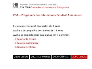 Programme for International Student Assessment
      PISA 2009 Competências dos Alunos Portugueses


PISA – Programme for International Student Assessment



Estudo internacional com ciclos de 3 anos
Avalia o desempenho dos alunos de 15 anos
Avalia as competências dos alunos em 3 domínios
• Literacia de leitura
• Literacia matemática
• Literacia científica



2000 Leitura       2003 Matemática             2006 Ciências   2009 Leitura
 